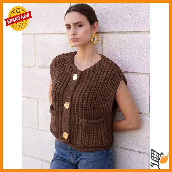 Sleeveless Sweater Vest Cropped Cable Knit Button Front Loose Fit - Picture 3 of 8